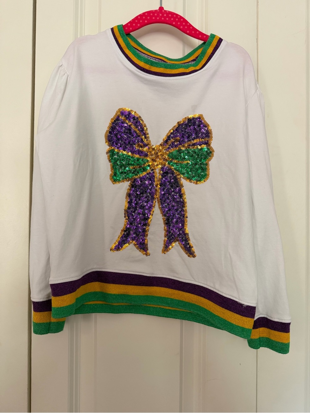 Girls' White Sequin Mardi Gras Bow Sweatshirt with Purple & Green Trim
